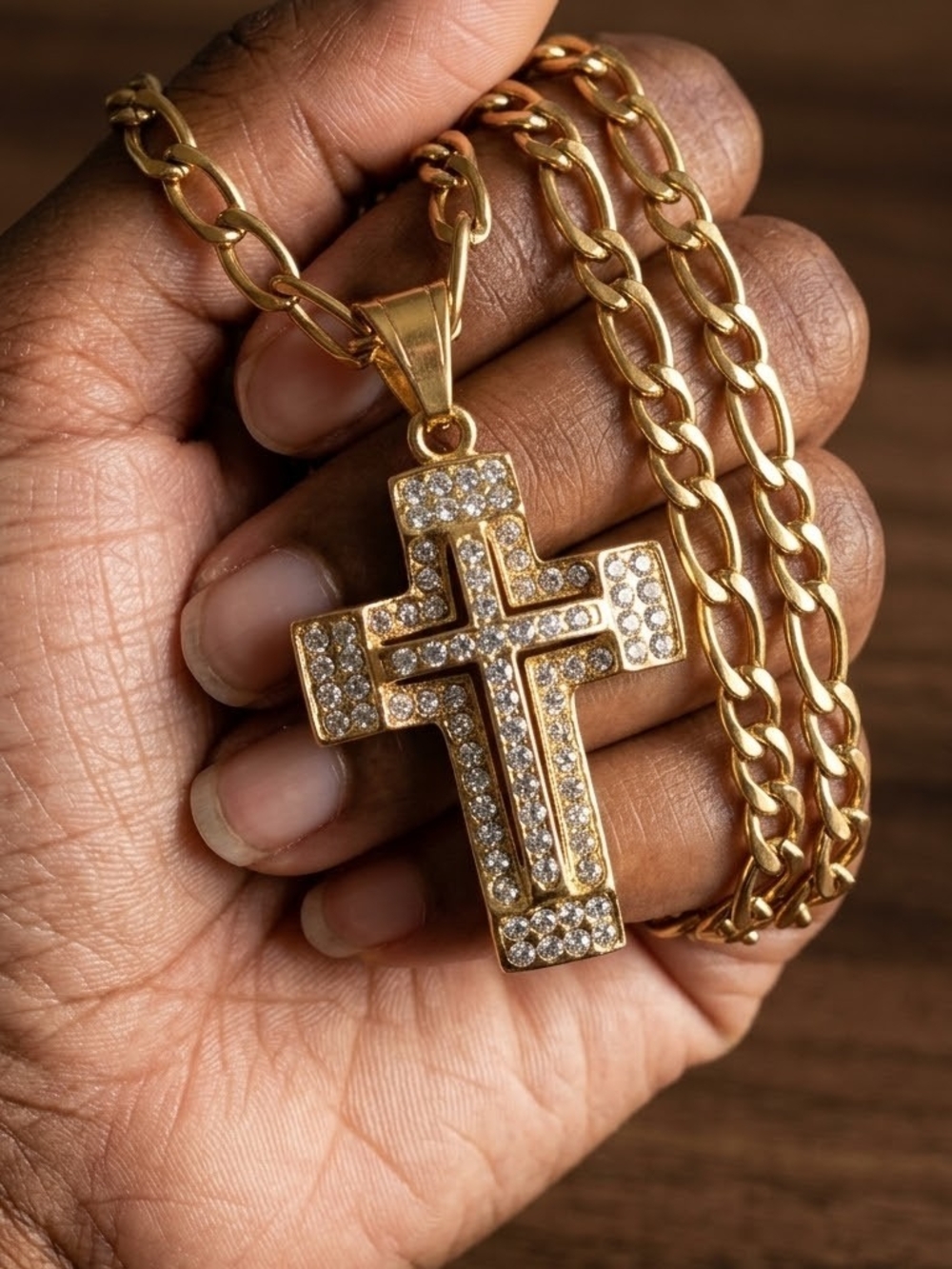 Gold Plated Stainless Steel Crystal Cross Pendant Necklace - Mens Jewelry